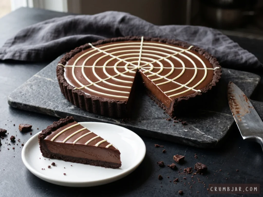 Rich chocolate ganache tart in a chocolate cookie crust decorated with a white chocolate spiderweb pattern, served with a slice on a small plate