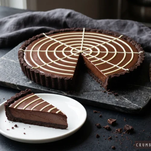 Rich chocolate ganache tart in a chocolate cookie crust decorated with a white chocolate spiderweb pattern, served with a slice on a small plate