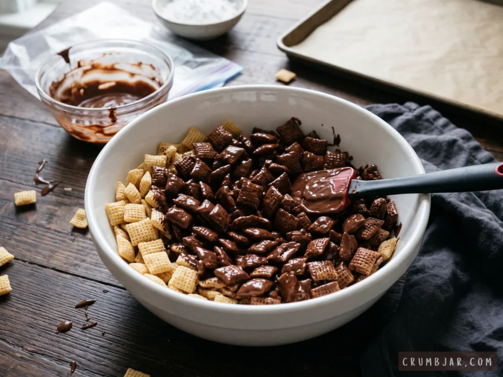 Gently folding melted chocolate and peanut butter mixture over cereal squares in a white mixing bowl to make Halloween puppy chow