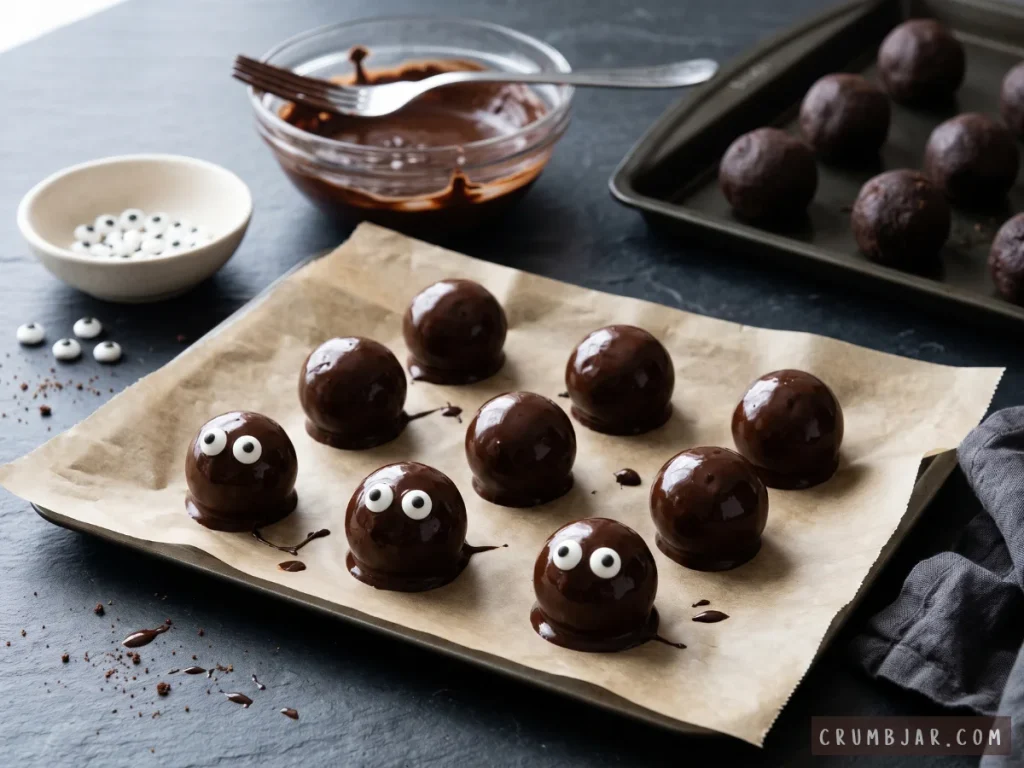 Chocolate-dipped cookie truffles placed on parchment paper, with candy eyes being added before drizzling white icing to make mummies