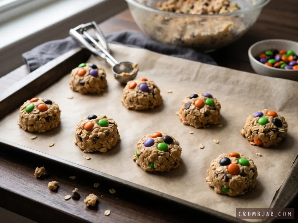 Scooped balls of oatmeal monster cookie dough studded with colorful chocolate candies and chocolate chips on a parchment-lined baking sheet ready for freezing or baking