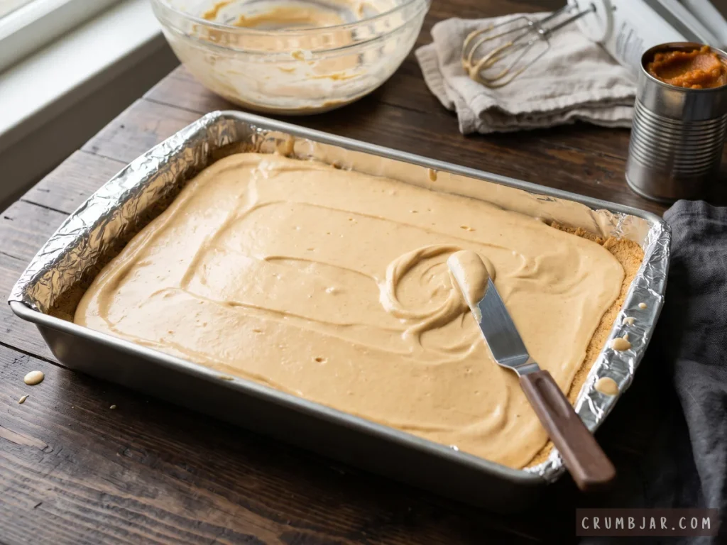 Spreading creamy pumpkin cheesecake batter evenly over a graham cracker crust in a foil-lined baking pan using an offset spatula