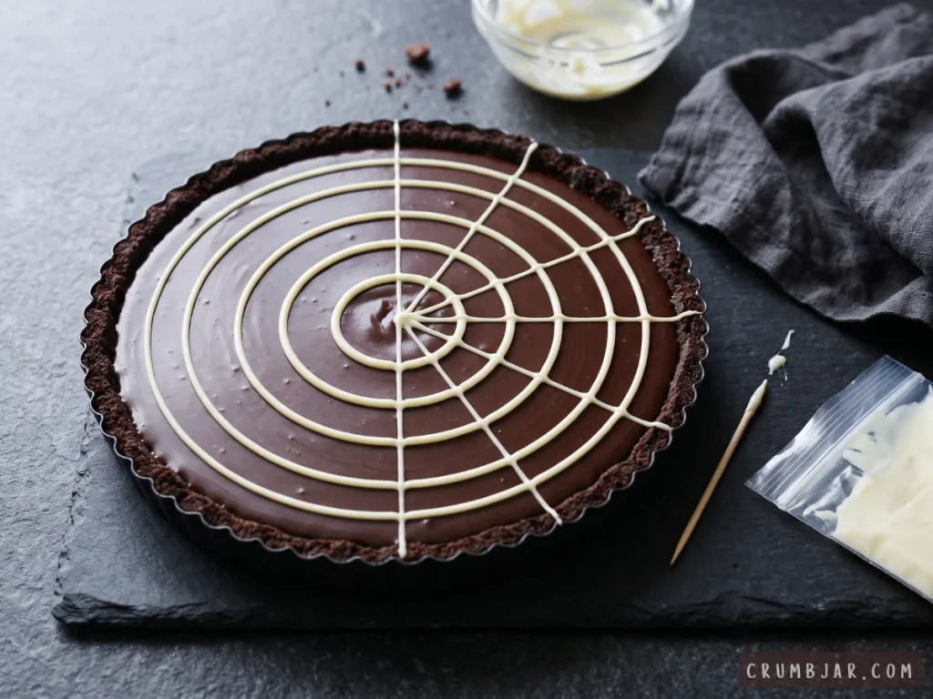 Dragging lines outward with a toothpick through concentric rings of white chocolate to create a spiderweb design on a chocolate tart
