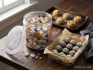 Halloween puppy chow stored in a glass jar alongside mummy truffles in an airtight dish and monster cookies on a baking sheet for make-ahead party prep