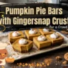 Sliced pumpkin pie bars with a dark gingersnap crust, topped with whipped cream and cinnamon on a parchment-lined baking sheet