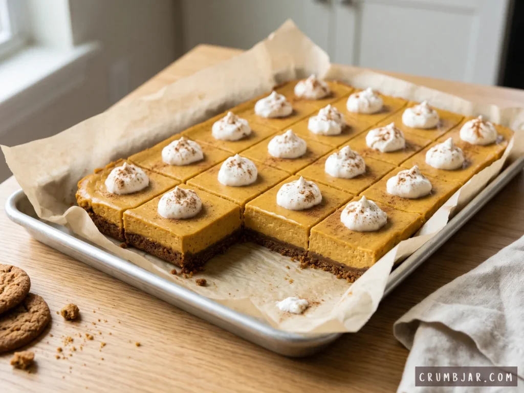 A full sheet pan of sliced pumpkin pie bars on a gingersnap crust, each topped with a dollop of whipped cream and dusted with spice, with one bar missing