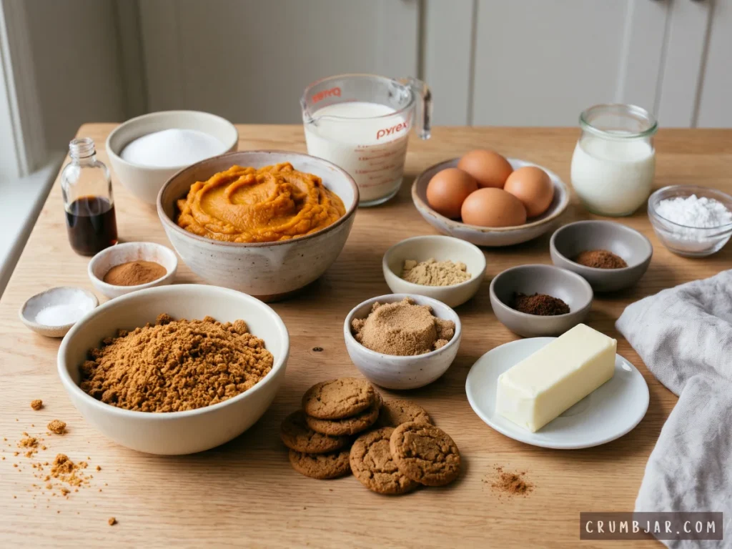 Ingredients for pumpkin pie bars laid out on a table, including canned pumpkin puree, gingersnap cookies and crumbs, butter, eggs, milk, sugar, and warming spices