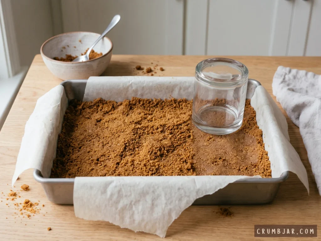 Using the flat bottom of a glass jar to firmly press spiced gingersnap cookie crumbs into a parchment-lined baking pan for the crust