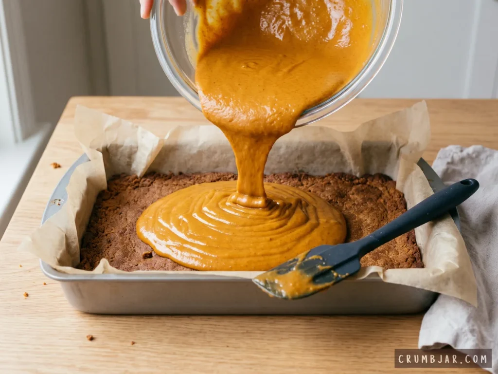 Pouring spiced pumpkin pie filling from a glass bowl over a baked gingersnap crust in a parchment-lined baking pan