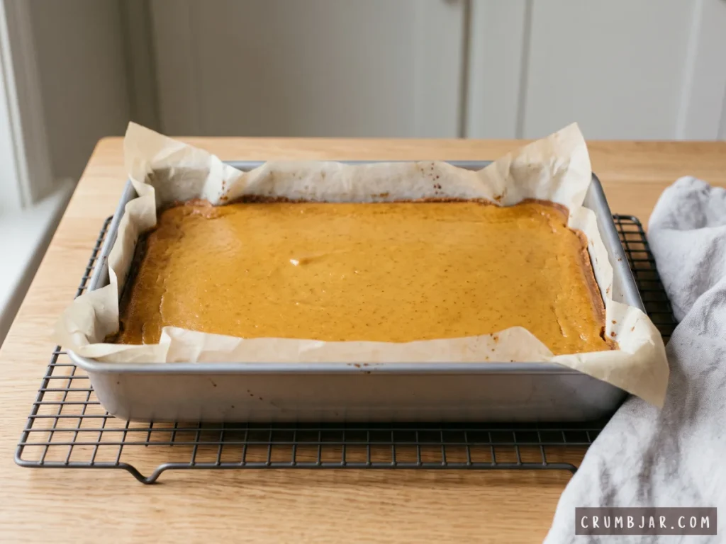 Freshly baked pumpkin pie slab in a parchment-lined baking pan cooling on a wire rack