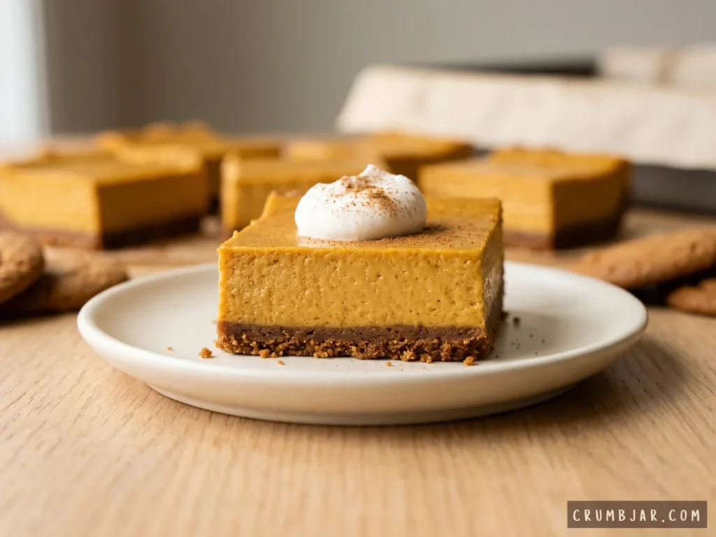 A square slice of pumpkin pie bar on a dark gingersnap crust, topped with whipped cream and cinnamon on a small white plate