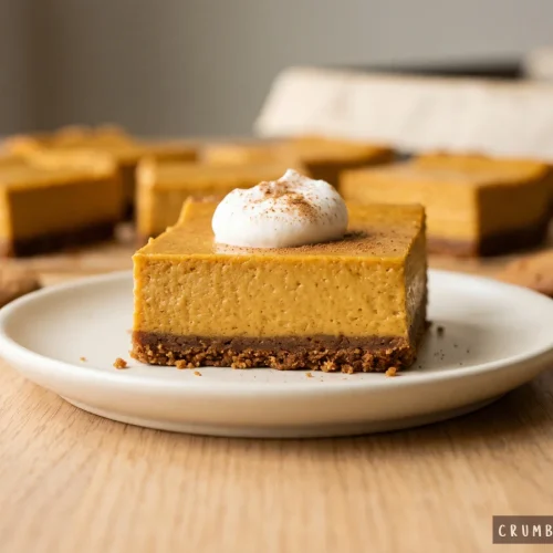A square slice of pumpkin pie bar on a dark gingersnap crust, topped with whipped cream and cinnamon on a small white plate