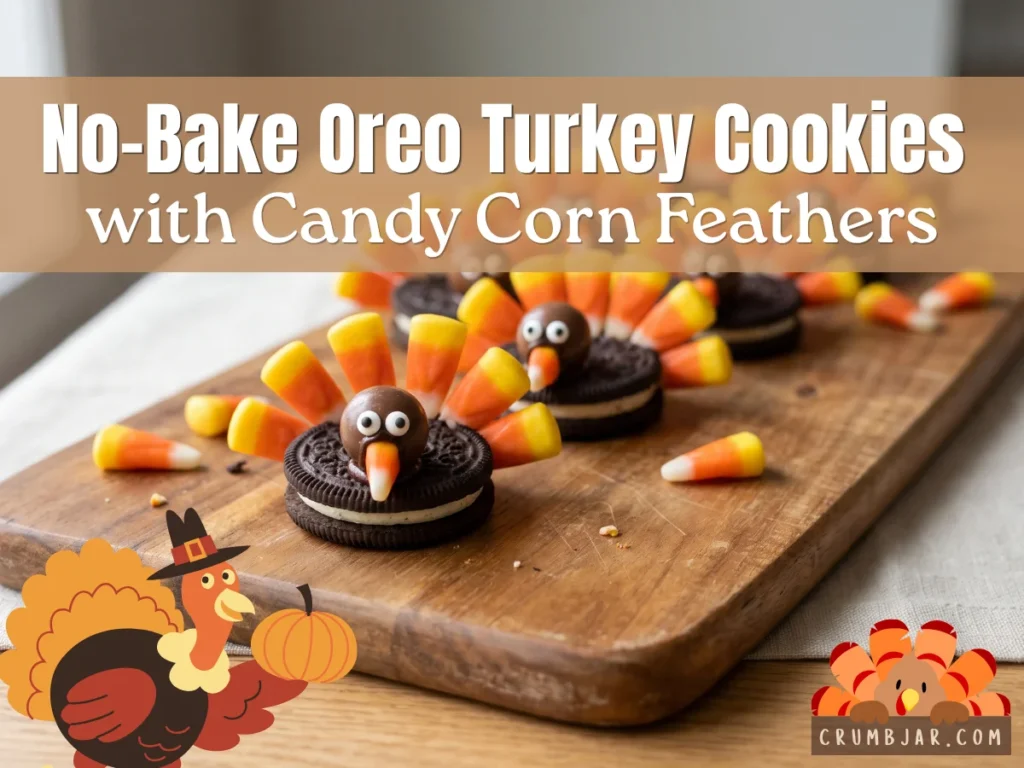 No-bake Thanksgiving turkey cookies made from Oreo sandwiches decorated with candy corn feathers, a chocolate candy head, and candy eyes on a wooden serving board