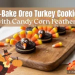 No-bake Thanksgiving turkey cookies made from Oreo sandwiches decorated with candy corn feathers, a chocolate candy head, and candy eyes on a wooden serving board