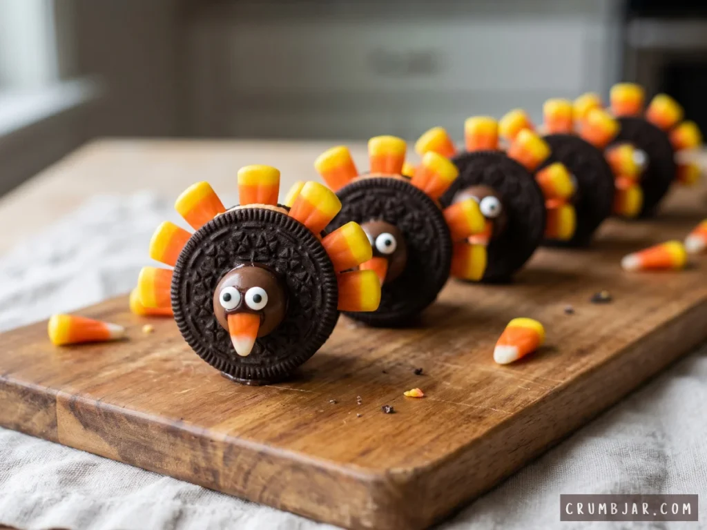 A row of standing Thanksgiving turkey cookies made from Oreo sandwiches, candy corn feathers, chocolate ball heads, and candy eyes on a wooden board