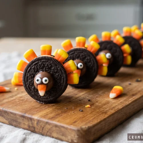 A row of standing Thanksgiving turkey cookies made from Oreo sandwiches, candy corn feathers, chocolate ball heads, and candy eyes on a wooden board