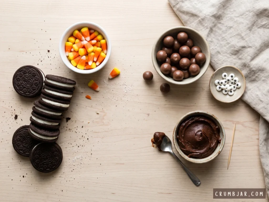 Ingredients for Oreo turkey cookies arranged on a table, including Oreo cookies, candy corn, malted milk chocolate balls, candy eyes, and chocolate frosting