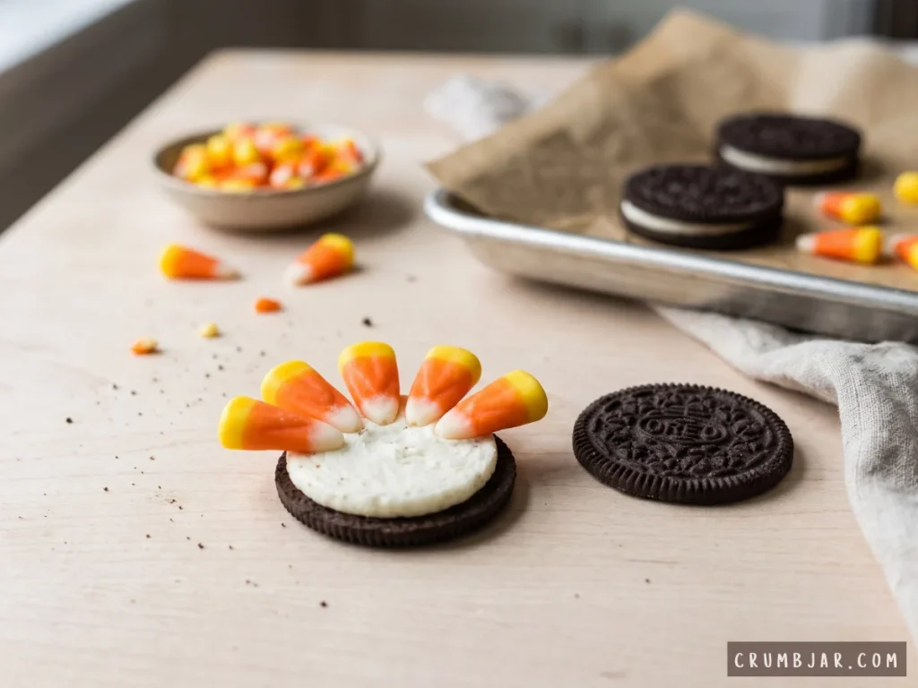 Pressing candy corn pieces into the cream filling of an opened Oreo cookie to create turkey feathers for no-bake turkey cookies