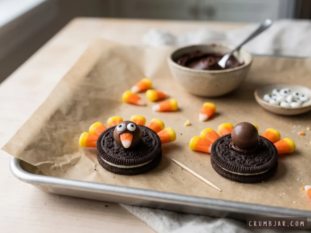 Attaching chocolate candy ball heads, candy corn beaks, and candy eyes using chocolate frosting onto Oreo turkey cookies on a baking sheet