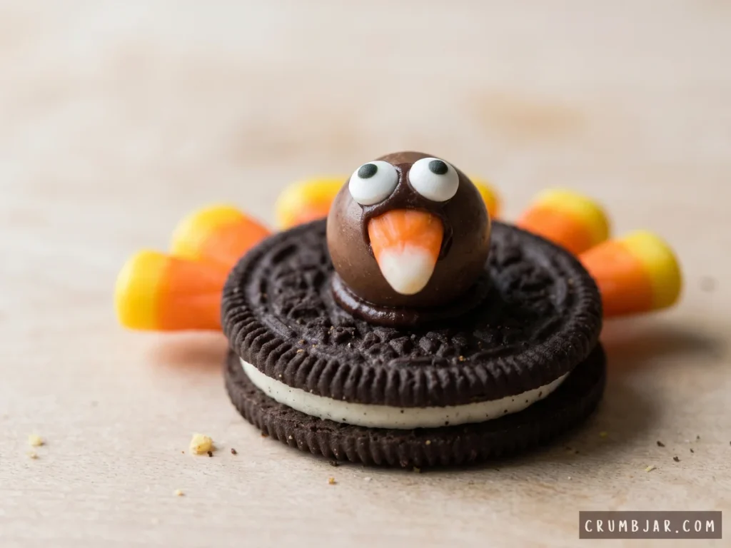 Close-up of a completed no-bake Oreo turkey cookie showing the chocolate candy head secured with frosting, candy eyes, and a candy corn beak and feathers