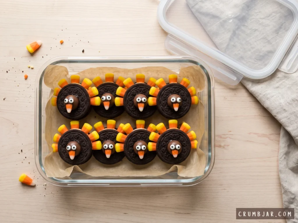 Two neat rows of no-bake Oreo turkey cookies packed in a parchment-lined glass storage container for serving or storage