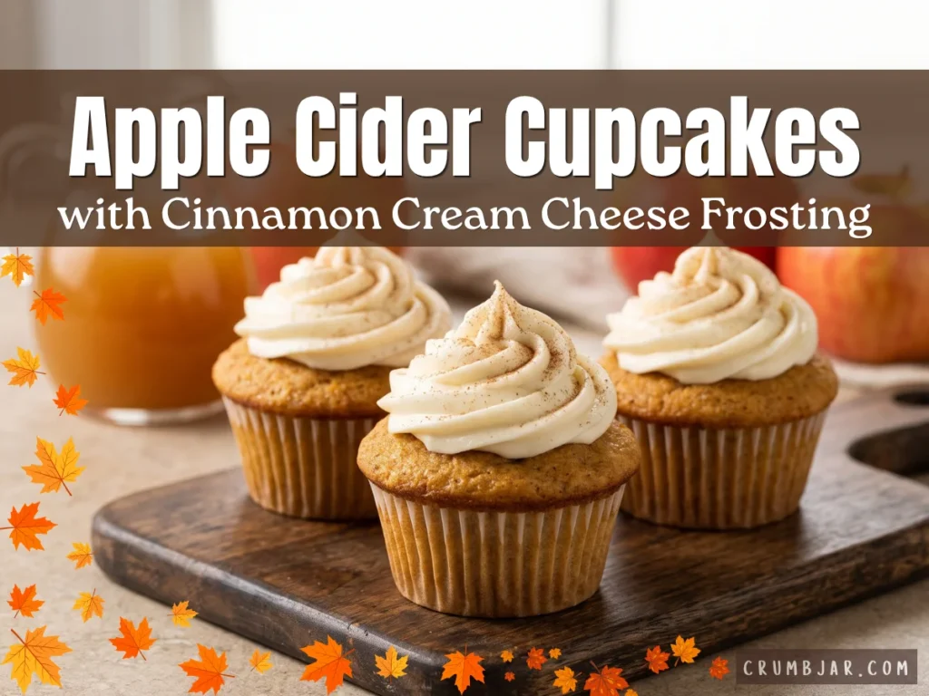 Three spiced apple cider cupcakes topped with swirls of cinnamon cream cheese frosting on a wooden cutting board, with fresh apples and a jug of apple cider in the background.