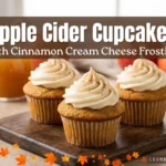 Three spiced apple cider cupcakes topped with swirls of cinnamon cream cheese frosting on a wooden cutting board, with fresh apples and a jug of apple cider in the background.
