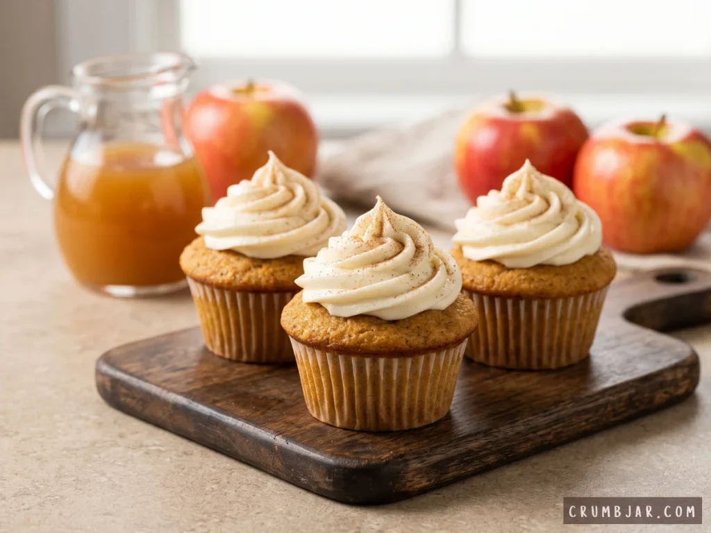 Freshly frosted apple cider cupcakes with cinnamon cream cheese swirls on a wooden board, with a small jug of apple cider and red apples in the background.