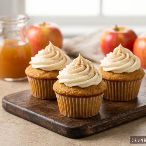 Freshly frosted apple cider cupcakes with cinnamon cream cheese swirls on a wooden board, with a small jug of apple cider and red apples in the background.