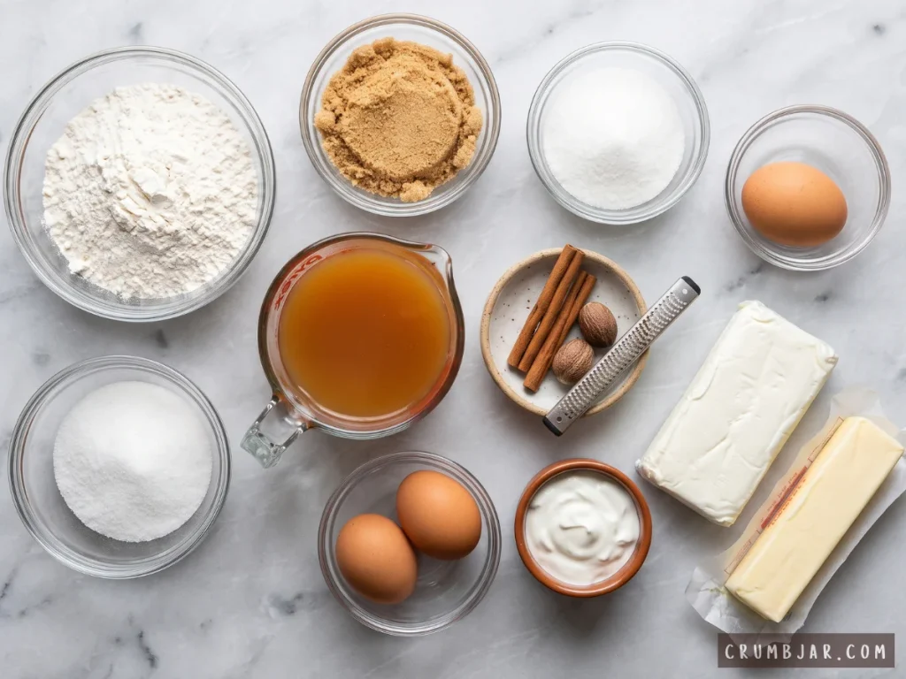 Overhead display of baking ingredients for apple cider cupcakes, including fresh apple cider, flour, sugars, spices, eggs, sour cream, butter, and cream cheese arranged on a marble surface.