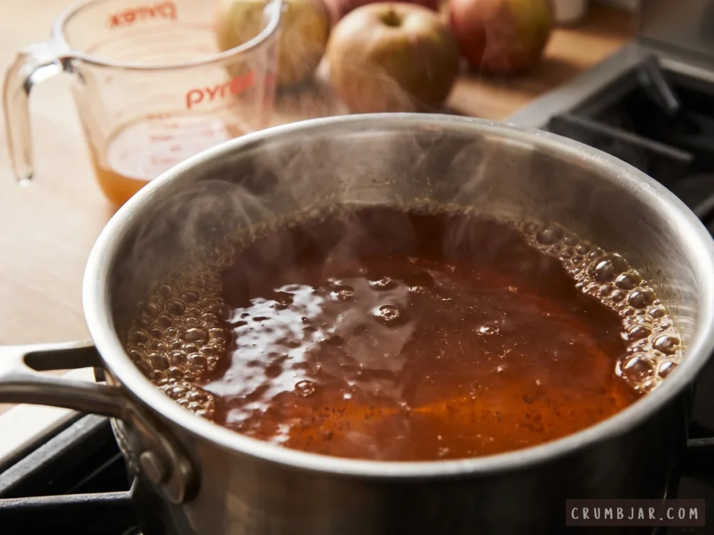 Fresh apple cider simmering and reducing in a stainless steel saucepan on a stovetop, with steam rising and a glass measuring cup in the background.