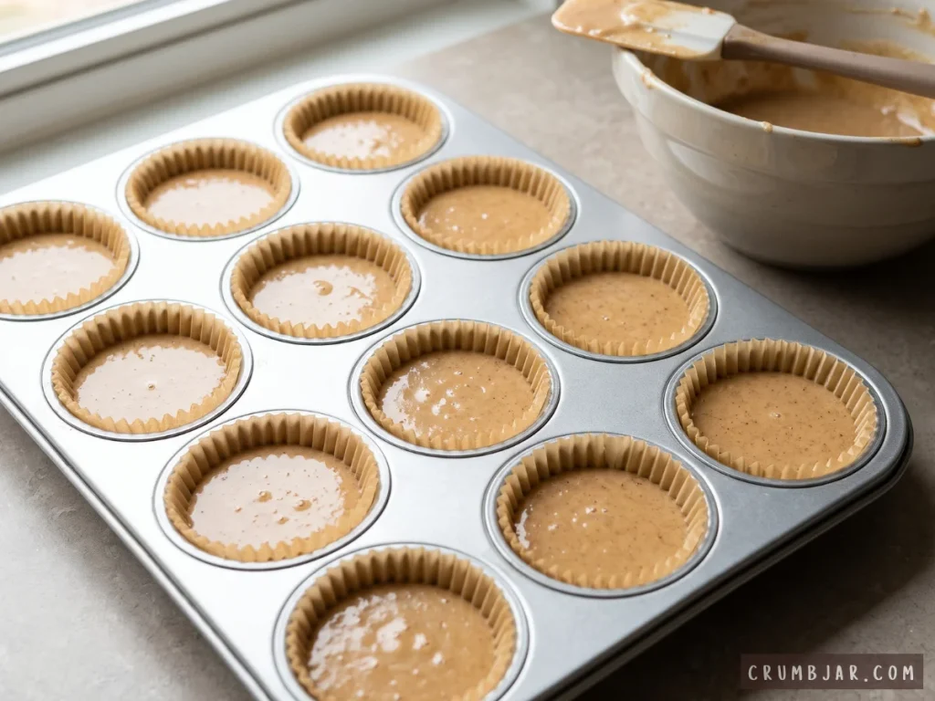 Spiced apple cider cupcake batter portioned into paper-lined muffin tins, ready to bake next to a ceramic mixing bowl and spatula.
