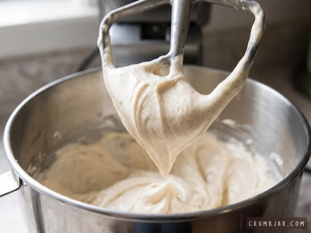 Thick, creamy cinnamon cream cheese frosting clinging to a stand mixer paddle attachment over a stainless steel mixing bowl.