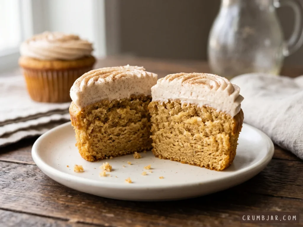 An apple cider cupcake sliced in half on a dessert plate, showing the moist spiced cake crumb and thick cinnamon cream cheese frosting