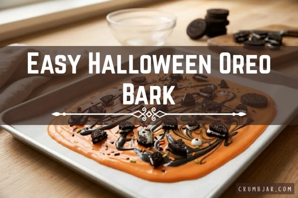 Orange and black chocolate bark topped with crushed Oreo cookies, candy eyes, and sprinkles on a baking sheet, with text overlay reading "Easy Halloween Oreo Bark".