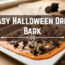 Orange and black chocolate bark topped with crushed Oreo cookies, candy eyes, and sprinkles on a baking sheet, with text overlay reading "Easy Halloween Oreo Bark".