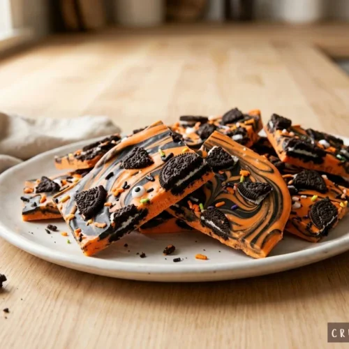 A plate of swirled orange and black Halloween Oreo bark broken into pieces, decorated with candy eyeballs, sprinkles, and crushed Oreo cookies on a wooden counter.