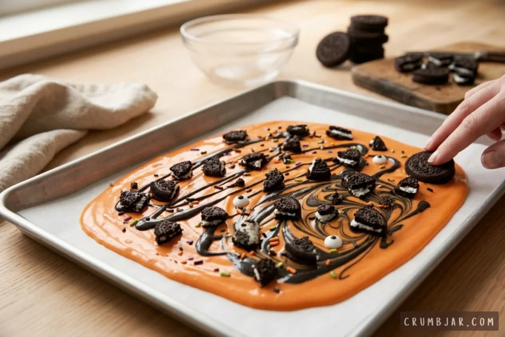 Pressing chopped Oreo cookies into warm swirled orange and black chocolate bark on a baking sheet.