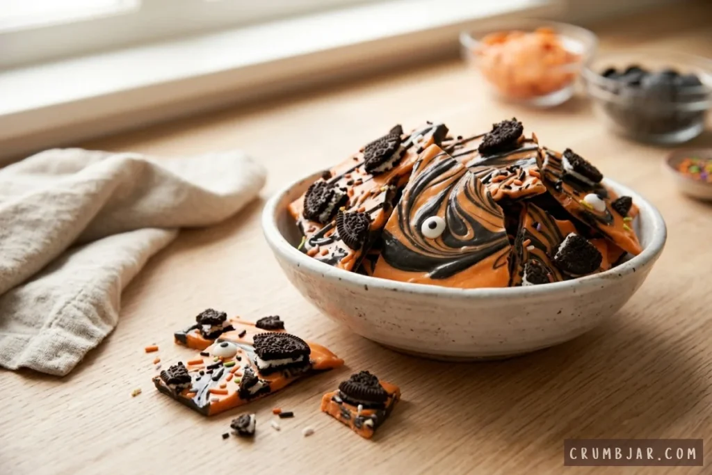 Pieces of orange and black swirl Halloween Oreo bark served in a white bowl on a wooden countertop.