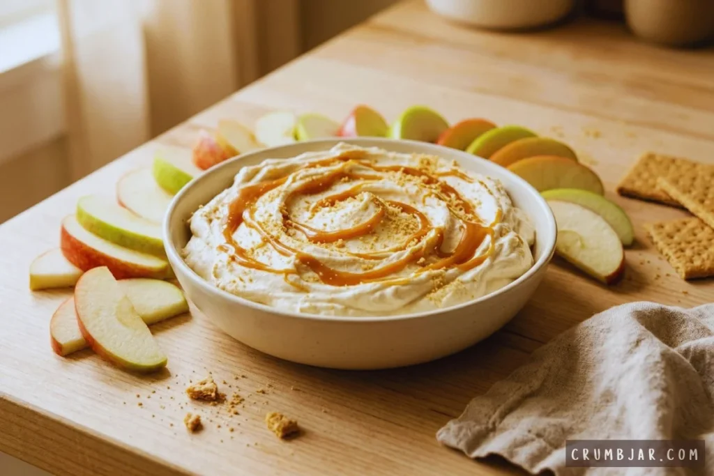 A serving bowl of fluffy caramel apple cheesecake dip drizzled with caramel sauce and topped with crushed graham crackers, surrounded by fresh sliced red and green apples.