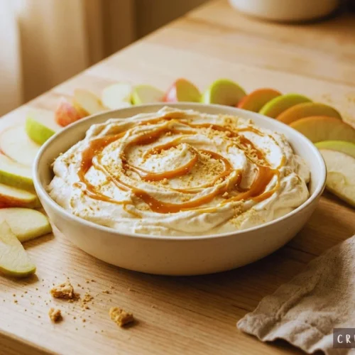 A serving bowl of fluffy caramel apple cheesecake dip drizzled with caramel sauce and topped with crushed graham crackers, surrounded by fresh sliced red and green apples.