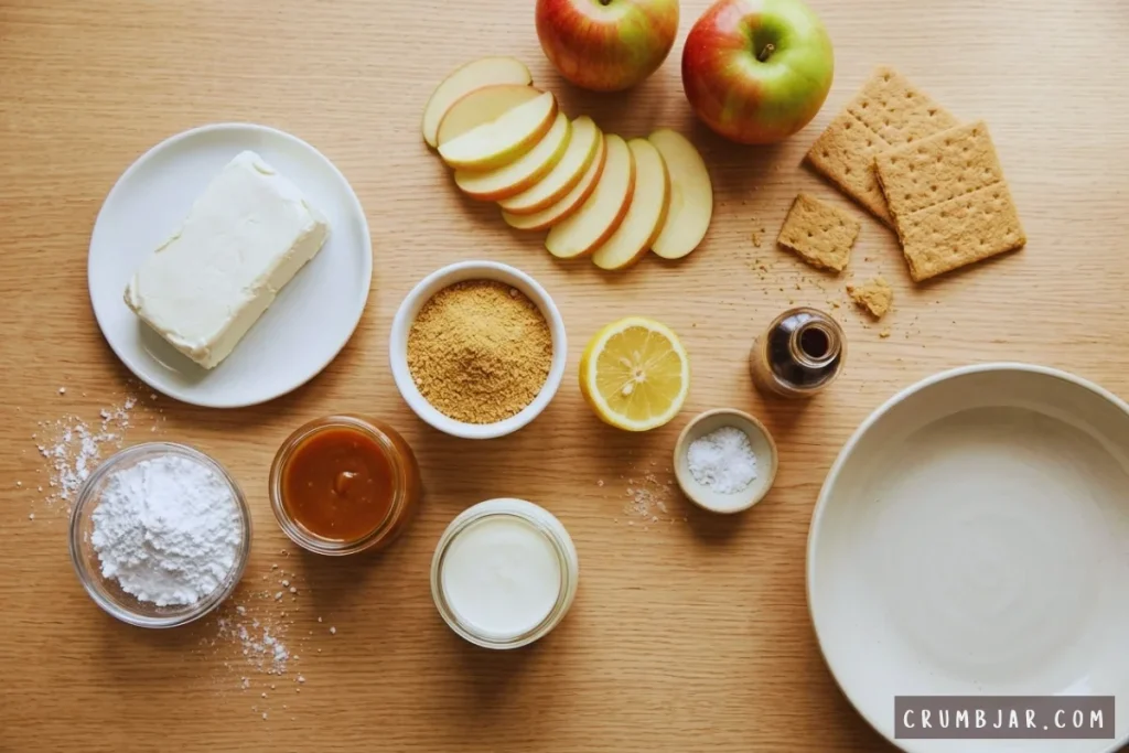 Ingredients for caramel apple cheesecake dip, including cream cheese, powdered sugar, caramel sauce, heavy cream, graham cracker crumbs, lemon half, vanilla extract, fresh apples, and graham crackers on a wooden surface.