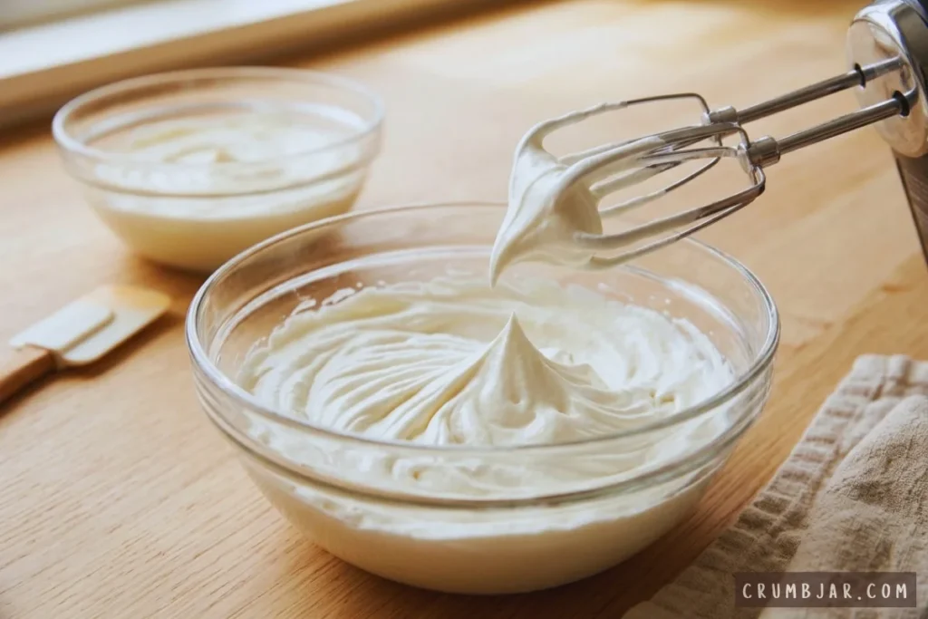 Lifting hand mixer beaters out of stiff whipping cream peaks in a glass bowl to ensure light texture for caramel apple cheesecake dip.