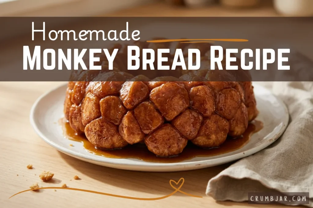 A freshly baked golden-brown monkey bread dripping with caramel syrup on a white plate, with text overlay reading "Homemade Monkey Bread Recipe".