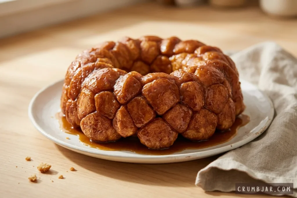 A freshly baked homemade monkey bread coated in sweet caramel sauce and glazed pull-apart dough pieces on a white plate.