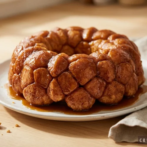 A freshly baked homemade monkey bread coated in sweet caramel sauce and glazed pull-apart dough pieces on a white plate.