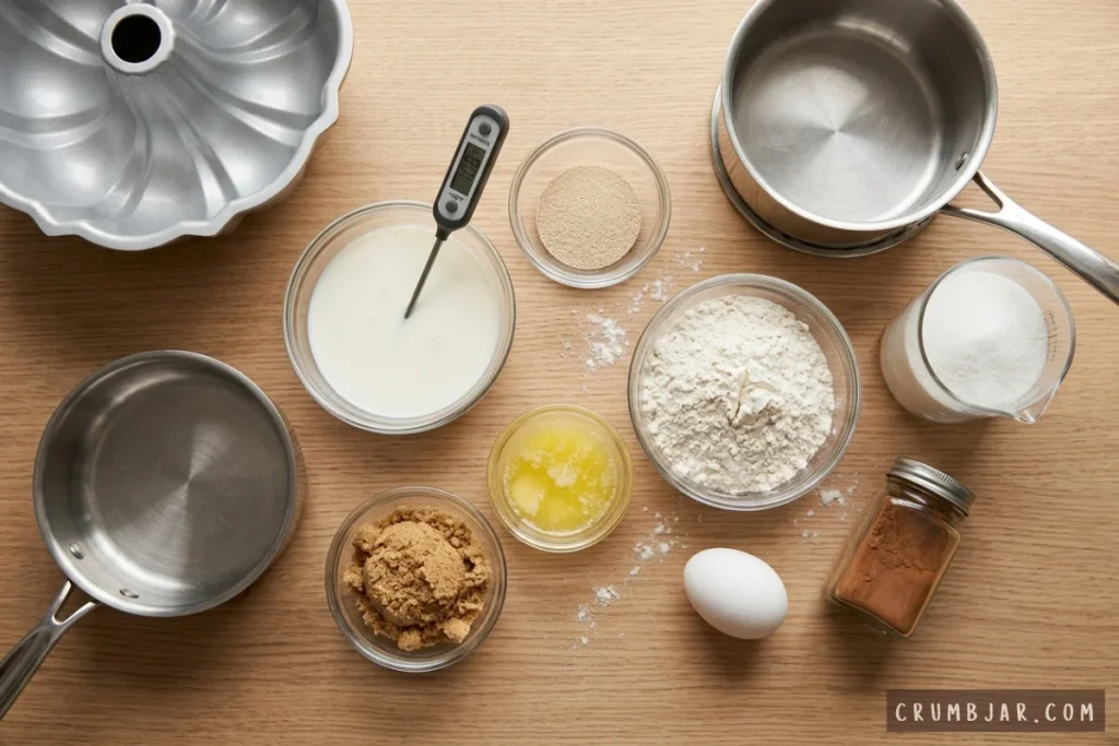 Ingredients and baking tools for homemade monkey bread, including flour, brown sugar, yeast, milk with a thermometer, melted butter, an egg, and a bundt pan on a wooden table.