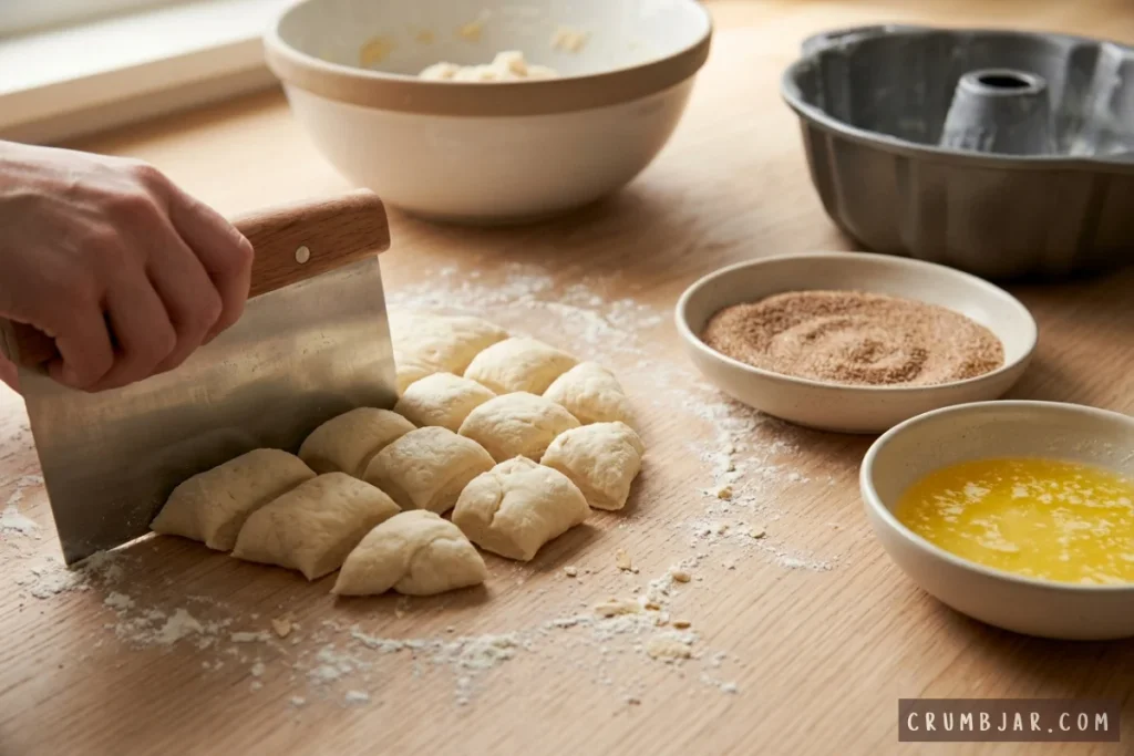 Cutting homemade yeast dough into bite-sized pieces with a bench scraper next to bowls of melted butter and cinnamon sugar on a floured wooden counter.