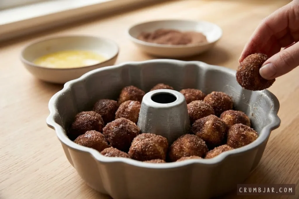 Placing cinnamon sugar coated dough balls into a bundt pan to make homemade monkey bread