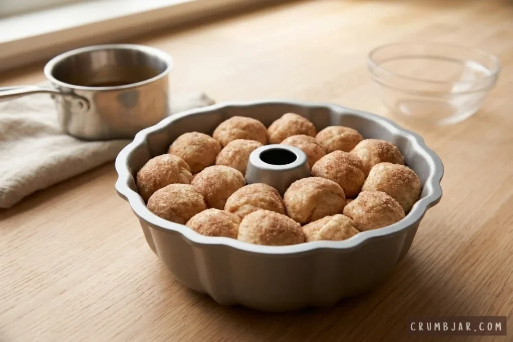 Risen cinnamon sugar dough balls filling a bundt pan before baking homemade monkey bread.